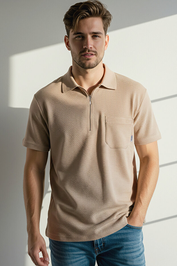 Bej Oversize/Geniş Kesim Cep Detaylı Dokulu Polo Yaka T-shirt - 2