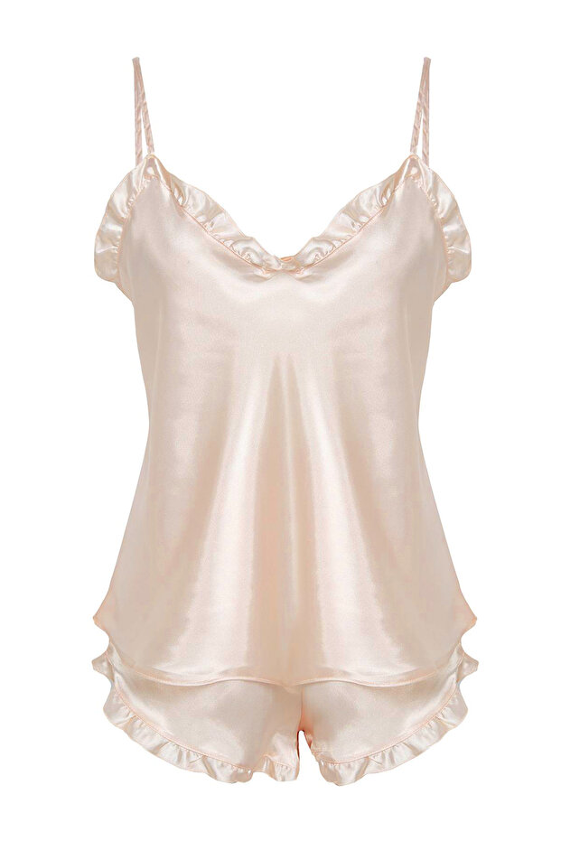 Ekru Fırfırlı İp Askılı Saten Şortlu Dokuma Pijama Takımı THMSS22PT0274 - 7