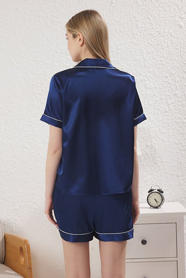 Lacivert Biyeli Saten Şortlu Dokuma Pijama Takımı THMSS25PT00304 - 6