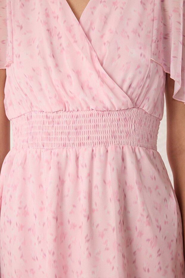 Pembe Çiçek Desenli Eteği Belden Açılan Gipeli Şifon Uçuş Uçuş Dokuma Mini Elbise TWOSS25EL00566 - 3