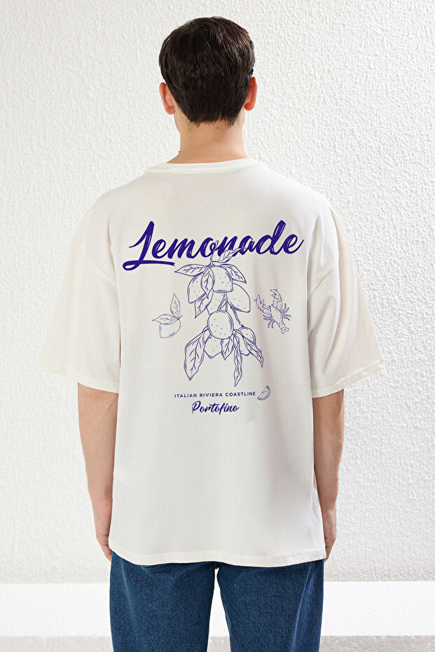 Beyaz Oversize/Geniş Kesim Limon Baskılı %100 Pamuk T-Shirt TMNSS23TS00089 - 1