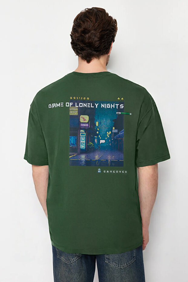 Yeşil Oversize/Geniş Kesim Bisiklet Yaka Kısa Kol Game Over Baskılı T-Shirt TMNSS23TS00247 - 1