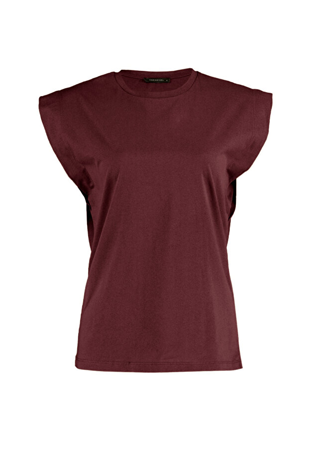 Bordo %100 Pamuk Vatka Görünümlü Basic Bisiklet Yaka Örme T-Shirt TWOSS20TS0021 - 5