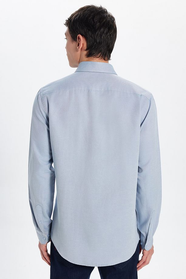 Erkek Slim Fit Dar Kesim Uzun Kollu Pamuklu Oxford Doku Kolay Ütülenebilir Gri Düğmeli Yaka Gömlek - 5