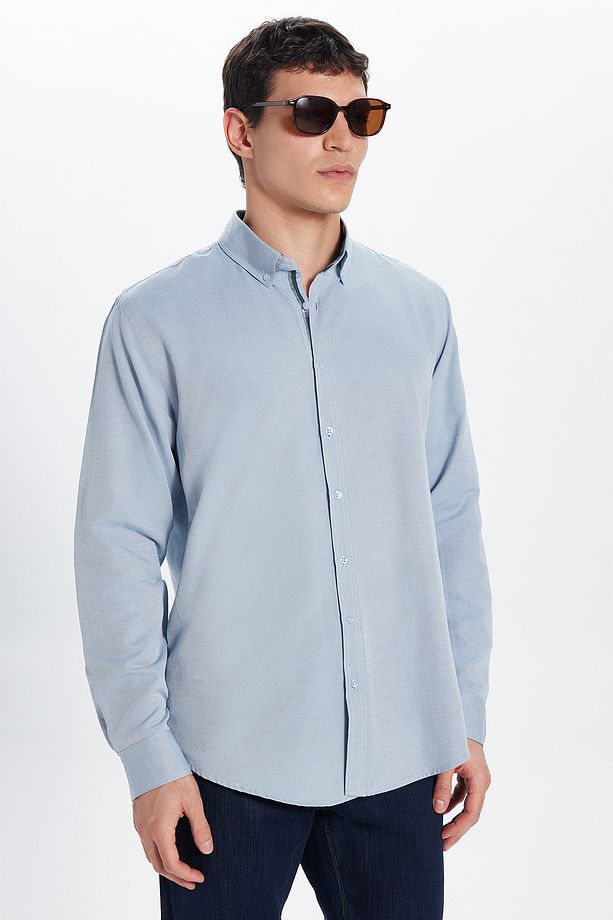 Erkek Slim Fit Dar Kesim Uzun Kollu Pamuklu Oxford Doku Kolay Ütülenebilir Gri Düğmeli Yaka Gömlek - 1