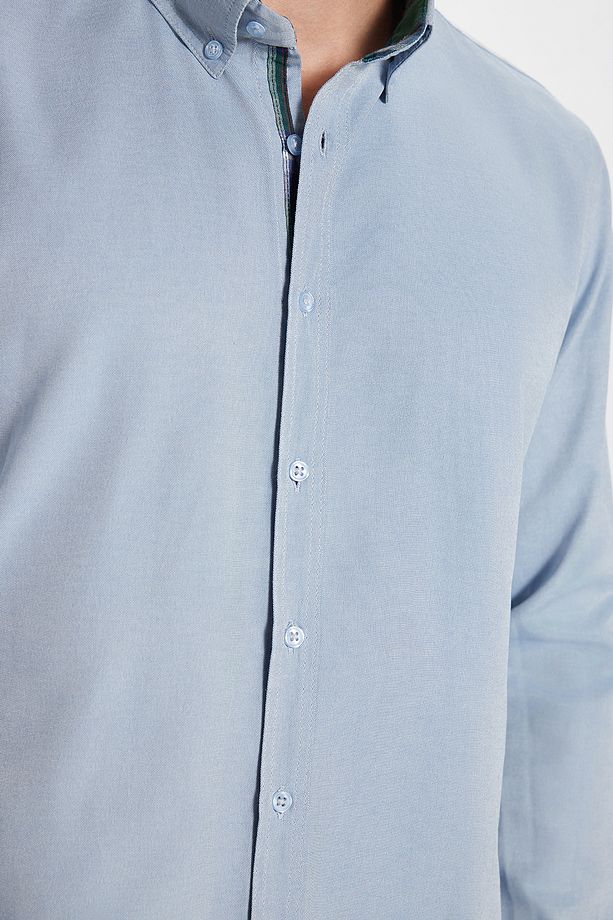 Erkek Slim Fit Dar Kesim Uzun Kollu Pamuklu Oxford Doku Kolay Ütülenebilir Gri Düğmeli Yaka Gömlek - 4