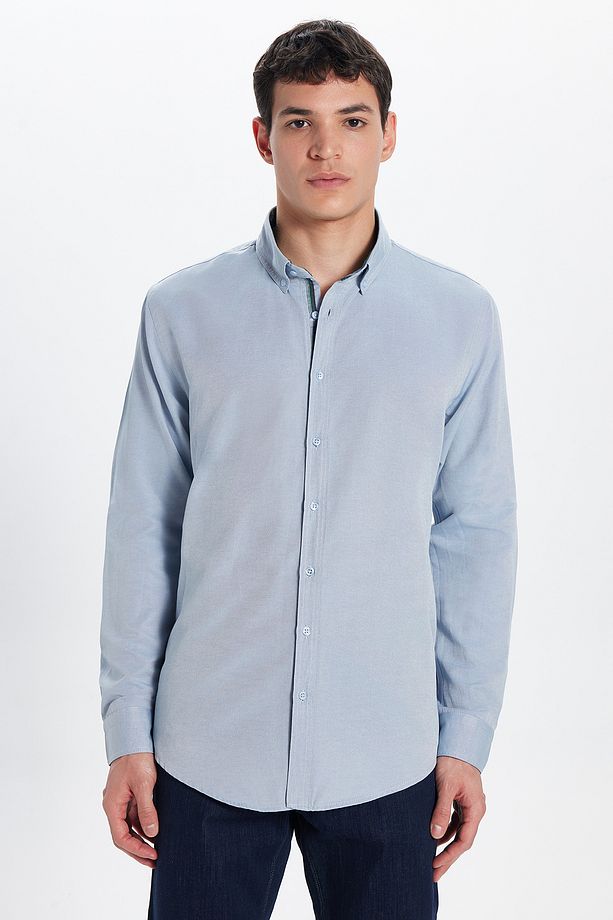 Erkek Slim Fit Dar Kesim Uzun Kollu Pamuklu Oxford Doku Kolay Ütülenebilir Gri Düğmeli Yaka Gömlek - 3