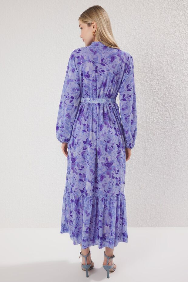 Fioletowa sukienka z szyfonu z wzorem kwiatowym i podszewką TCTSS25EB00056 - 4
