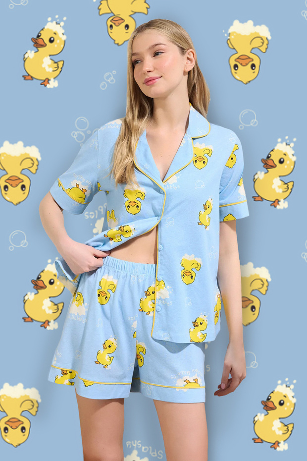 Mavi %100 Pamuklu Ördek Desenli Biyeli Şortlu Örme Pijama Takımı THMSS25PT00300 - 1