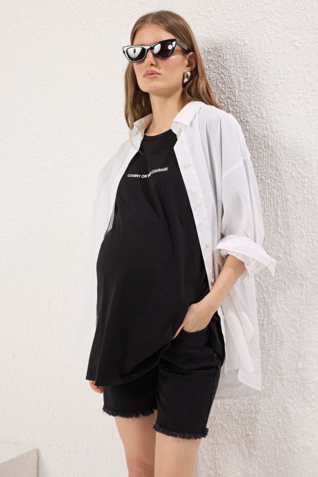Siyah Karın Panelli Hamile Denim Şort TBBSS25AP00027 - 4