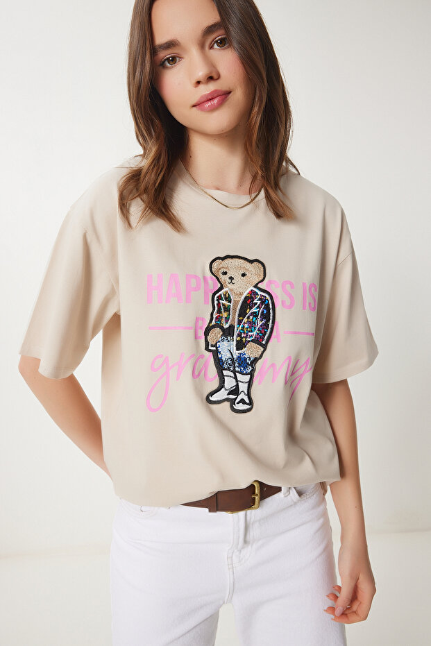Women's Cream Teddy Bear Embroidered Cotton Oversize Knitted T-Shirt Cr00461