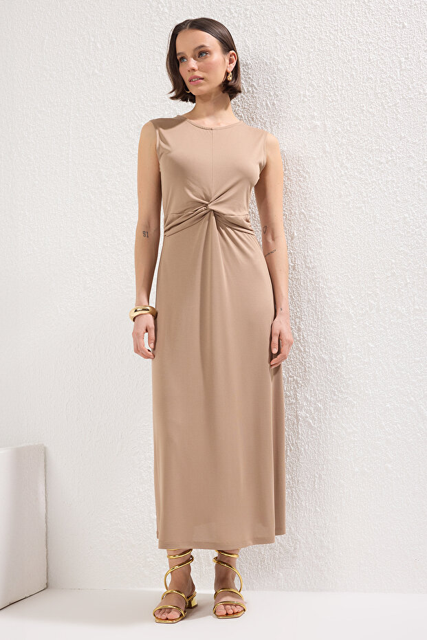 Vizon Düz Büzgü / Drape Maxi More Sustainable Modal Burgu Detaylı Esnek Örme Elbise TWOSS25EL00385 - 3