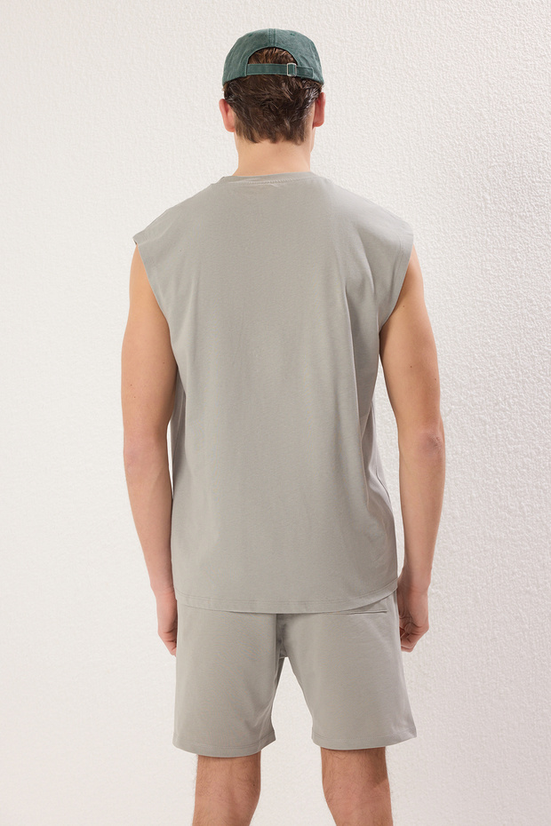 Gri 2'li Oversize/Geniş Kesim Atlet-Şort %100 Pamuklu Eşofman Takımı TMNSS25EM00003 - 4
