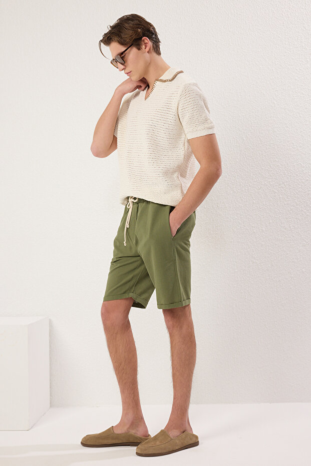Haki Normal Kesim/Regular Fit %100 Pamuk Keten Görünümlü Şort TMNSS23SR00030 - 1