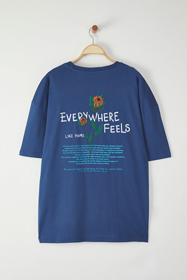 İndigo Büyük Beden Oversize/Geniş Kesim Çiçek Nakışlı %100 Pamuk T-Shirt TMNSS25BF00024 - 2