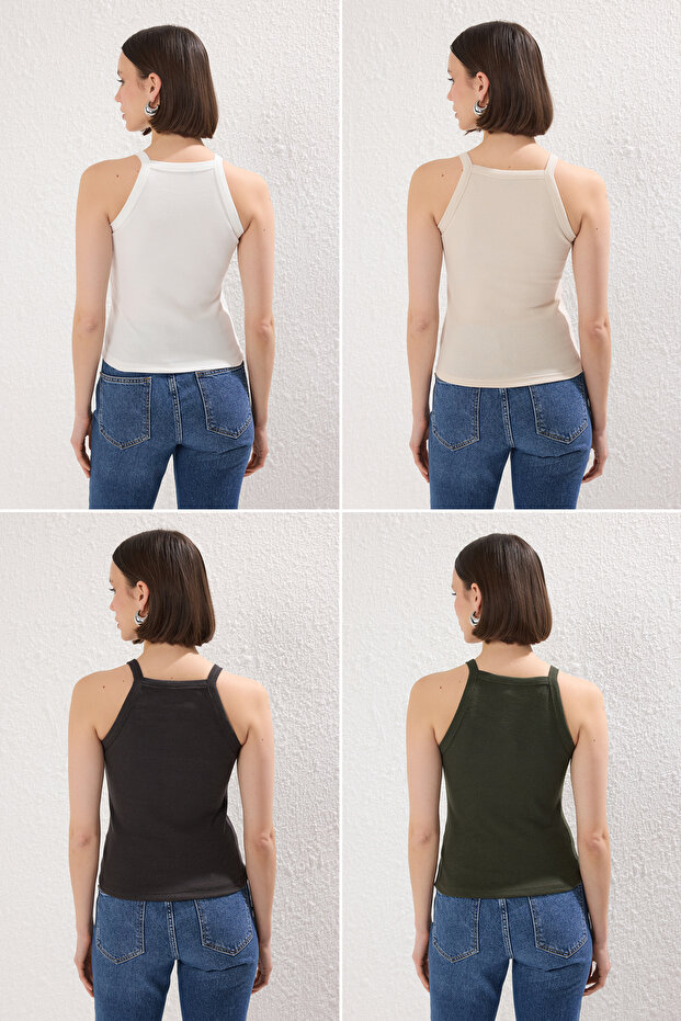 Antrasit-Ekru-Bej-Haki 4'lü Paket Vücuda Oturan Crop Esnek Örme Atlet TWOSS25AL00056 - 2