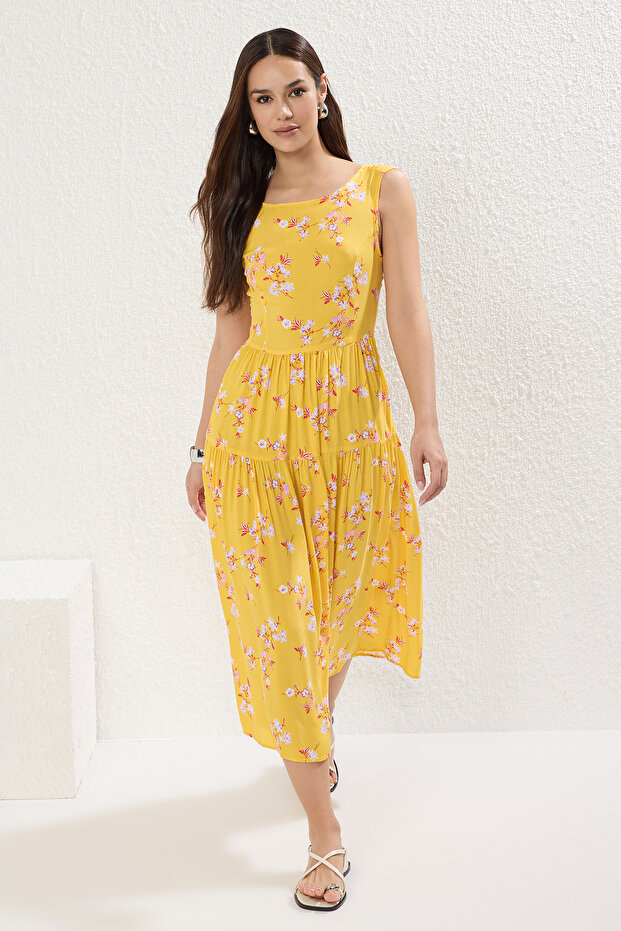Sarı Skater/Belden Açılan Bel Dekolteli Çiçek Desenli Midi Dokuma Elbise TWOSS21EL0709 - 5