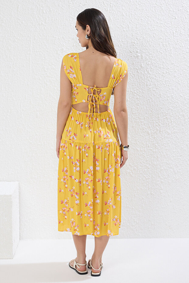 Sarı Skater/Belden Açılan Bel Dekolteli Çiçek Desenli Midi Dokuma Elbise TWOSS21EL0709 - 8