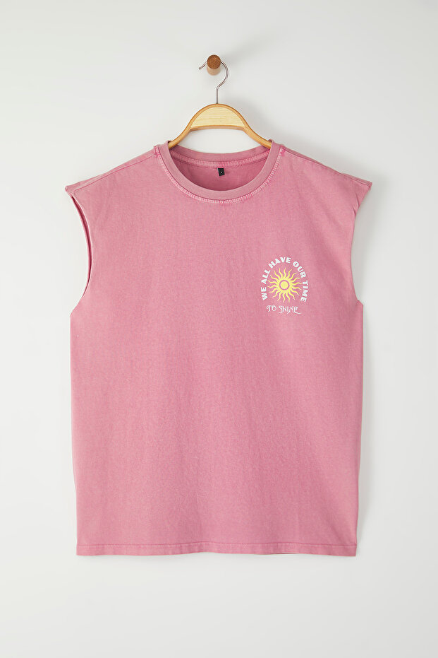 Gül Kurusu Oversize/Geniş Kesim Soluk Efektli Yazı Baskı %100 Pamuk T-Shirt/Atlet TMNSS23AL00009 - 7