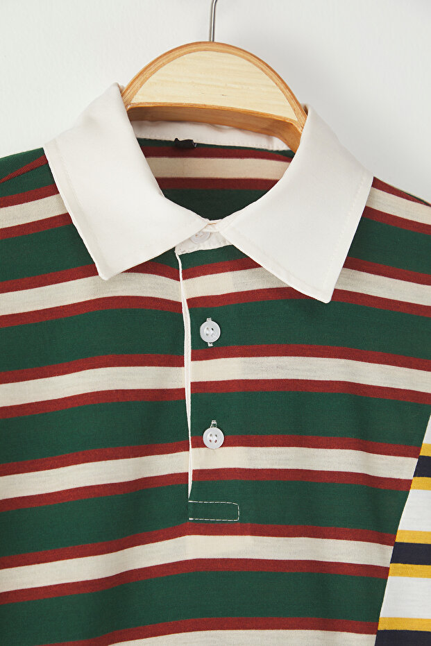 Çok Renki Oversize/Geniş Kesim Çizgili Polo Yaka T-shirt TMNSS25PO00038 - 6