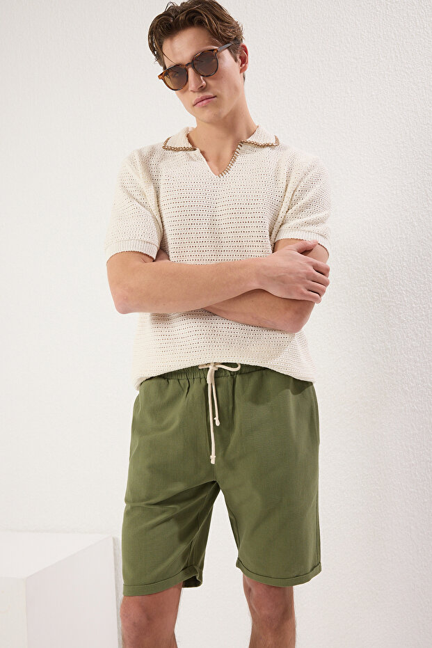 Haki Normal Kesim/Regular Fit %100 Pamuk Keten Görünümlü Şort TMNSS23SR00030 - 2