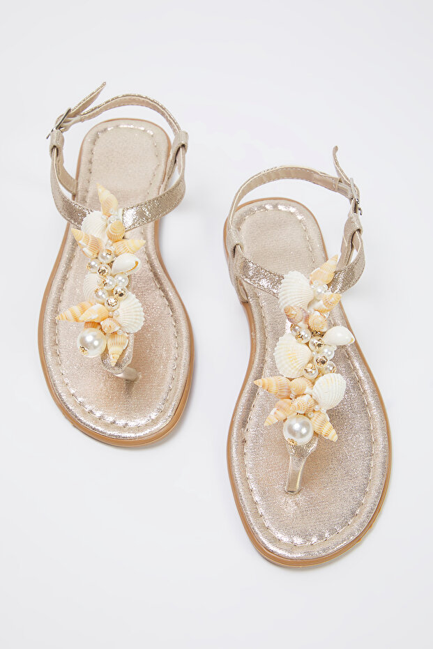 Gold Sea Shell Pearl Detaillierte Flip Flops Damen Stilvolle Sandalen TAKSS25SD00008 - 1