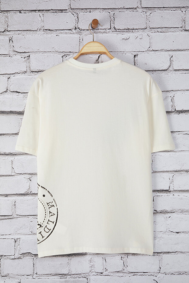 Ekru Oversize/Geniş Kesim Tropikal Baskılı %100 Pamuk T-Shirt TMNSS25TS00219 - 2