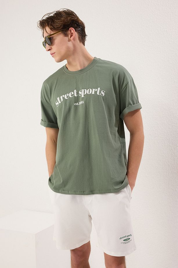 Zümrüt Yeşili-Ekru 2'li Eşofman Takımı Oversize/Geniş Kesim %100 Pamuklu Şort - T-Shirt - 1
