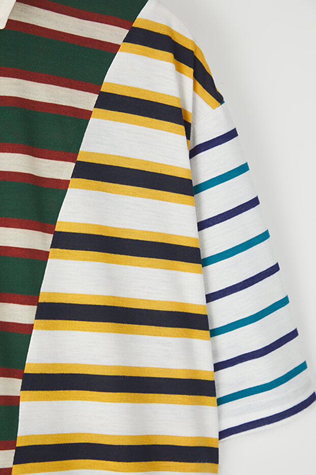 Çok Renki Oversize/Geniş Kesim Çizgili Polo Yaka T-shirt TMNSS25PO00038 - 7