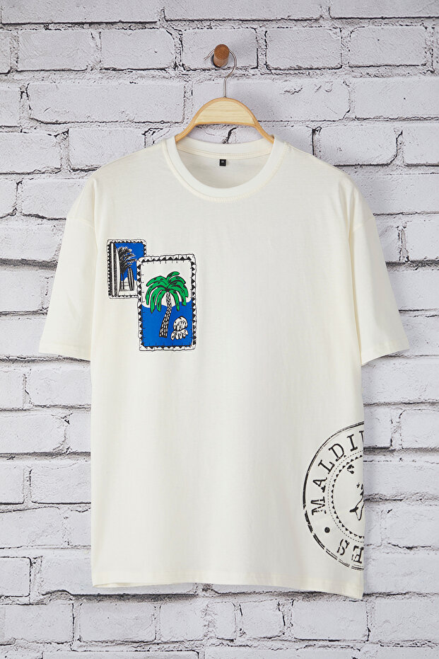 Ekru Oversize/Geniş Kesim Tropikal Baskılı %100 Pamuk T-Shirt TMNSS25TS00219 - 1