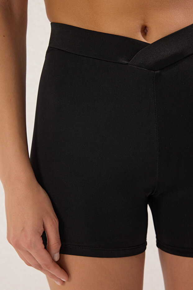 Siyah V Kesim Yüksek Bel Şortlu Basic Bikini Altı TBESS25BA00025 - 3