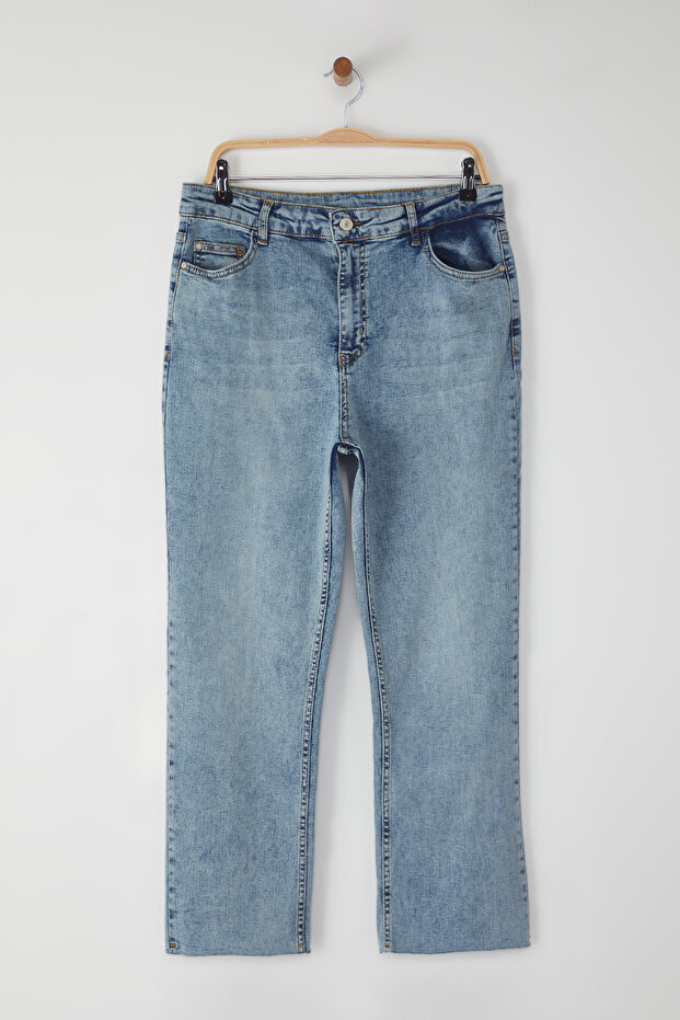 Açık Mavi Yüksek Bel Straight Fit Comfort/Orta Esnek Büyük Beden Jeans TBBSS25CJ00034 - 5