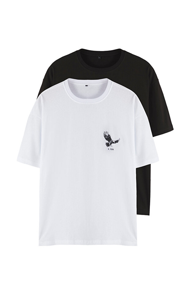 Beyaz-Siyah Oversize/Geniş Kesim 2'li Paket Kartal Baskı-Düz %100 Pamuk T-Shirt TMNSS25TS00214 - 12