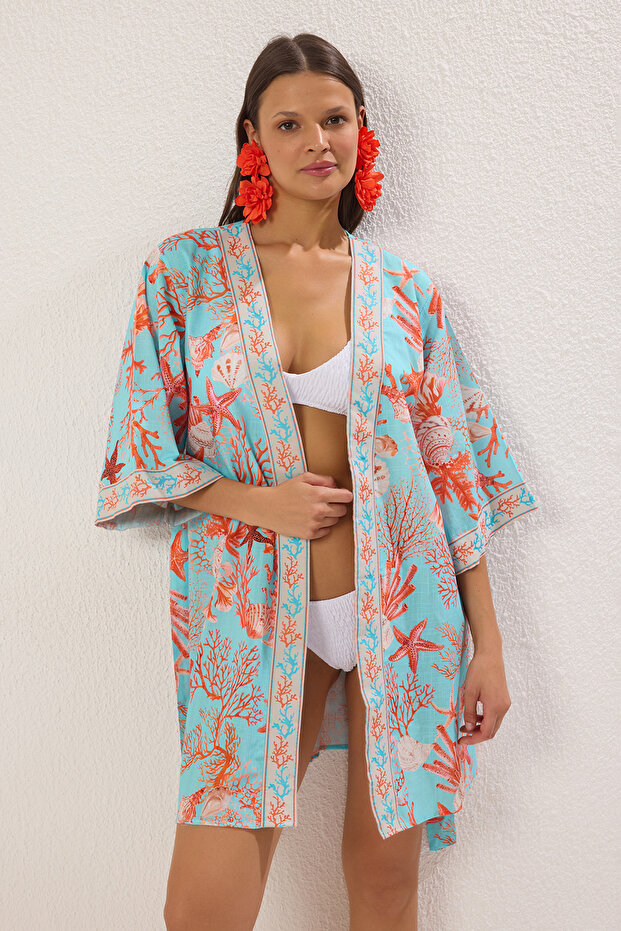 Su Altı Desenli Dokuma Şeritli Plaj Mini Kuşaklı Kimono&Kaftan TBESS25KM00026 - 1