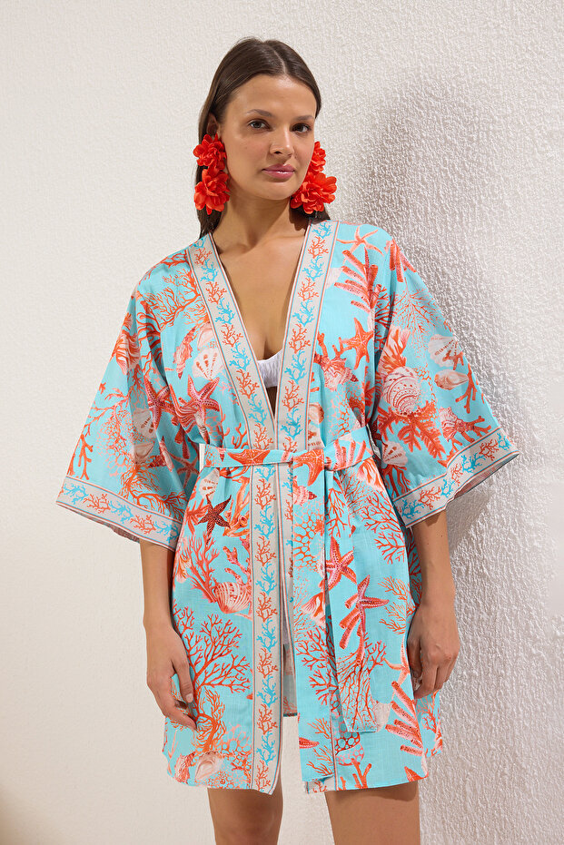Su Altı Desenli Dokuma Şeritli Plaj Mini Kuşaklı Kimono&Kaftan TBESS25KM00026 - 2