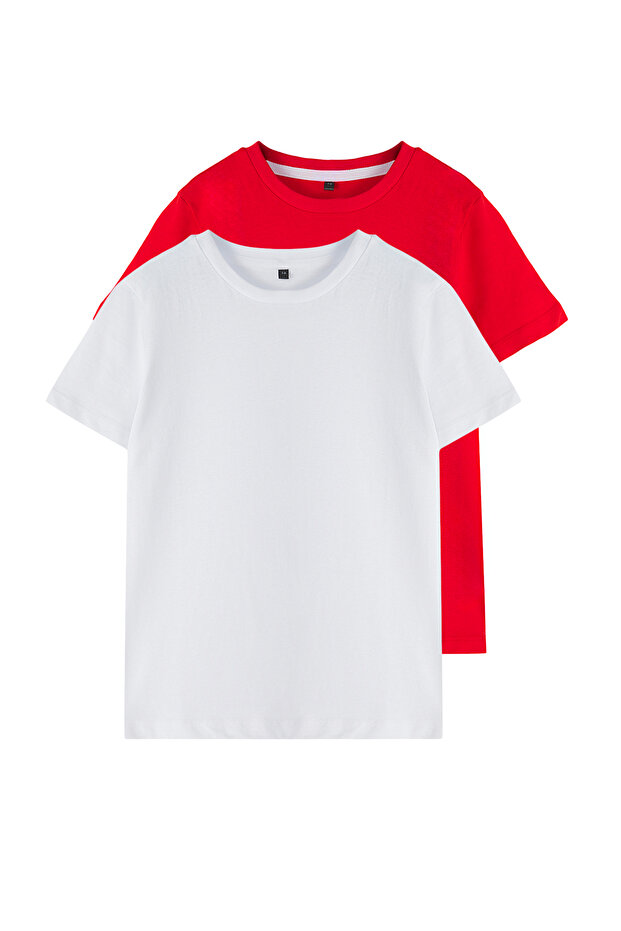 Kırmızı-Beyaz 2'li Erkek Çocuk %100 Pamuk Basic Kısa Kol Örme T-Shirt TKDSS25TS00010 - 2