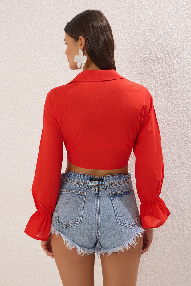 Kırmızı Dokuma %100 Pamuk Plaj Crop Bluz TBESS25BZ00012 - 4