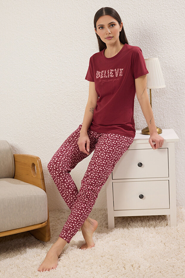 Bordo %100 Pamuklu Çiçekli Sloganlı Örme Pijama Takımı THMSS25PT00382 - 1