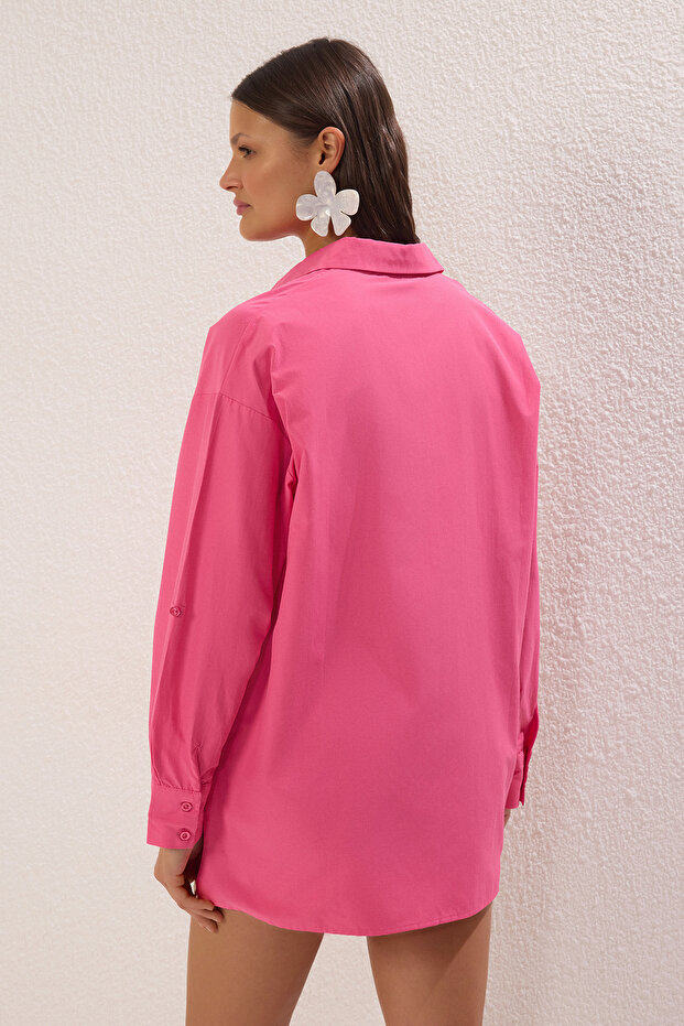 Pembe Dokuma Maxi Plaj Gömlek TBESS25GO00011 - 5