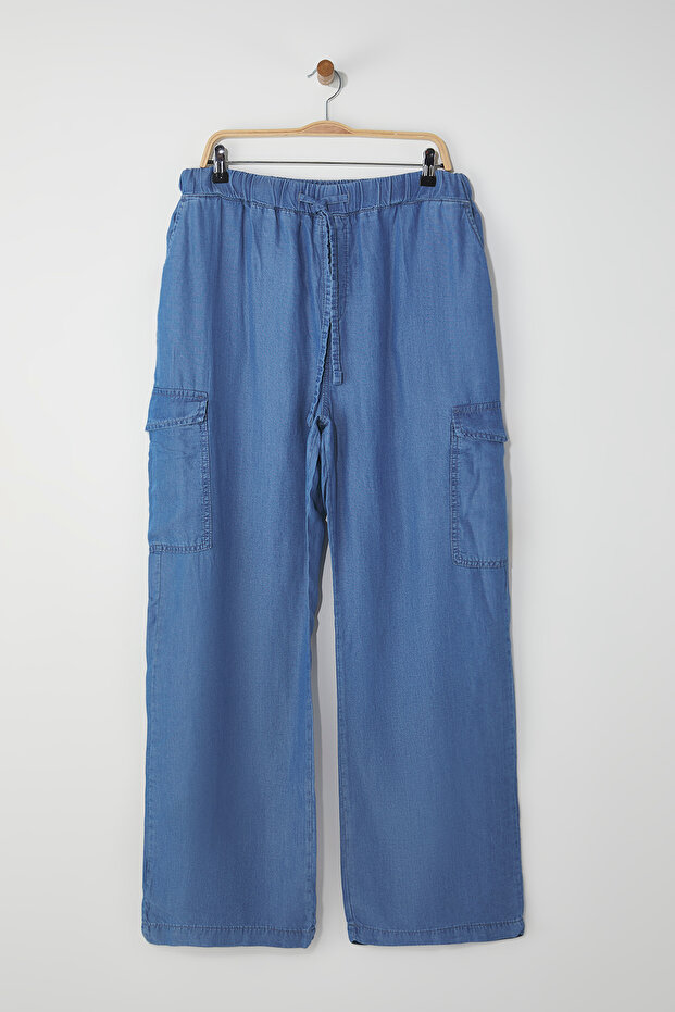 Mavi Yüksek Bel Beli Lastikli Geniş Paça İnce/Yazlık Büyük Beden Wide Leg Jeans TBBSS25CJ00003 - 5