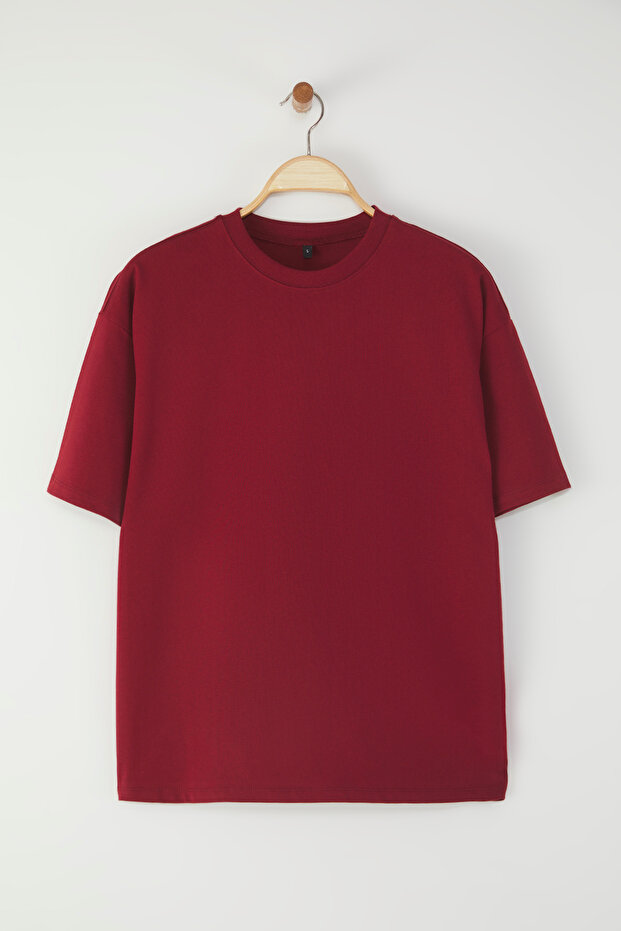 Bordo %100 Kalın Pamuklu Oversize/Geniş Kalıp Bisiklet Yaka Örme T-Shirt TWOSS23TS00040 - 8