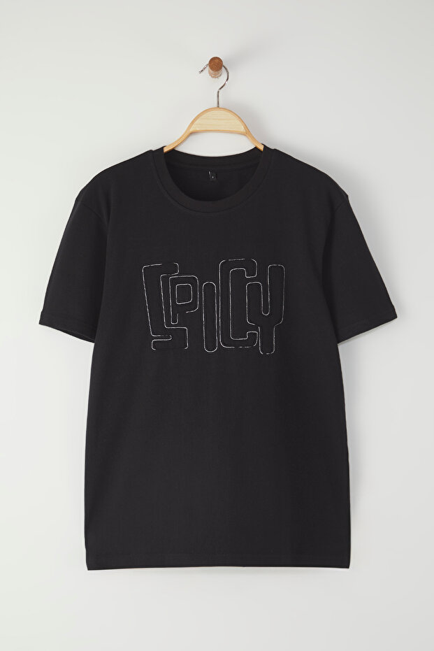 Siyah Regular/Normal Kesim Spicy Yazı Nakışlı %100 Pamuk T-Shirt TMNSS25TS00103 - 1