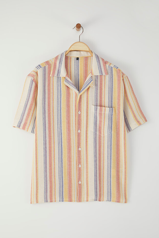Çok Renkli Oversize Fit Çizgili Dokulu Kumaş Yazlık Keten Görünümlü Erkek Gömlek TMNSS25GO00065 - 1