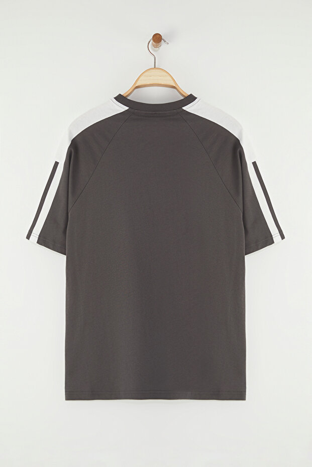 Antrasit Kolej Oversize/Geniş Kesim %100 Pamuk Renk Bloklu T-Shirt TMNSS25TS00095 - 4