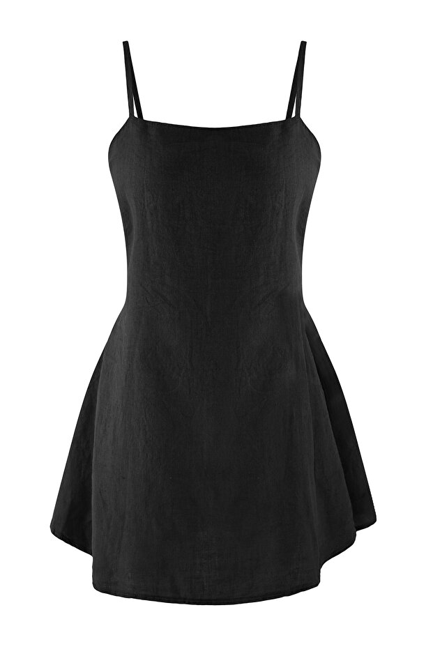 Siyah Dokuma %100 Keten Plaj Mini Elbise TBESS25EL00103 - 4