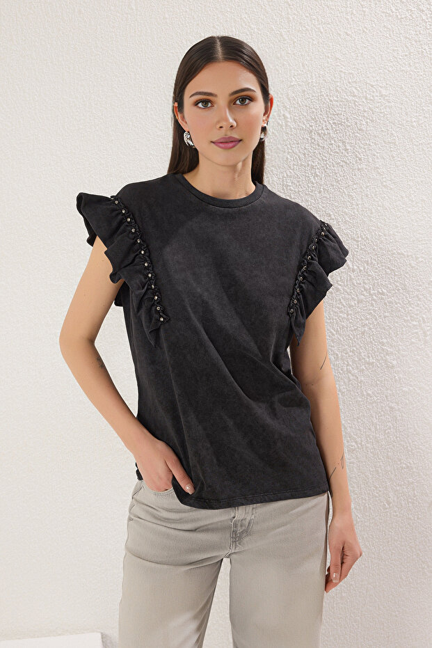 Antrasit Kalın Pamuklu Relaxed/Rahat Kalıp Yıkamalı Troklu Örme T-Shirt TWOSS25TS00158 - 1