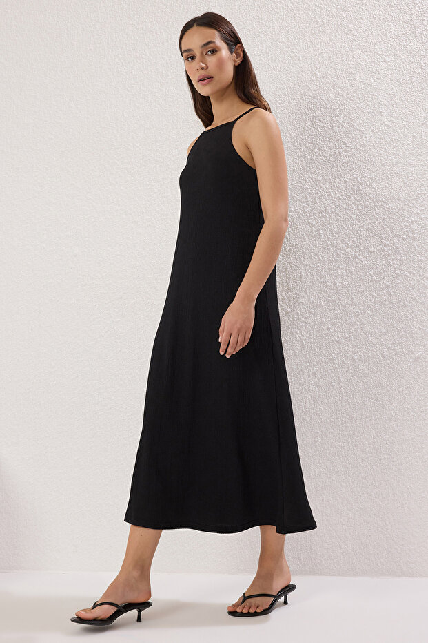 Siyah Midi Halter Yaka Bodycone/Vücuda Oturan Örme Elbise TWOSS25EL00160 - 2