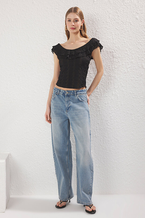 Siyah Fitted/Vücuda Oturan Büzgü/Drape Detaylı Esnek Örme Bluz TWOSS25BZ00274 - 2