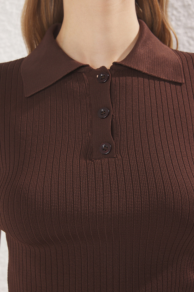 Siyah*001-Kahverengi Basic Polo Yaka İkili Paket Triko İnce Bluz TWOSS25BZ00503 - 3