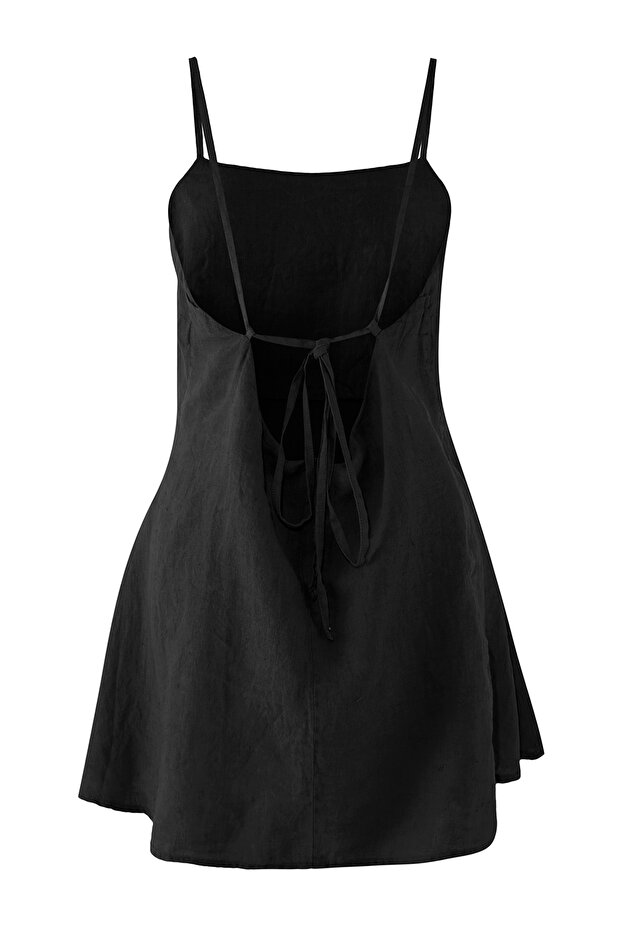 Siyah Dokuma %100 Keten Plaj Mini Elbise TBESS25EL00103 - 5